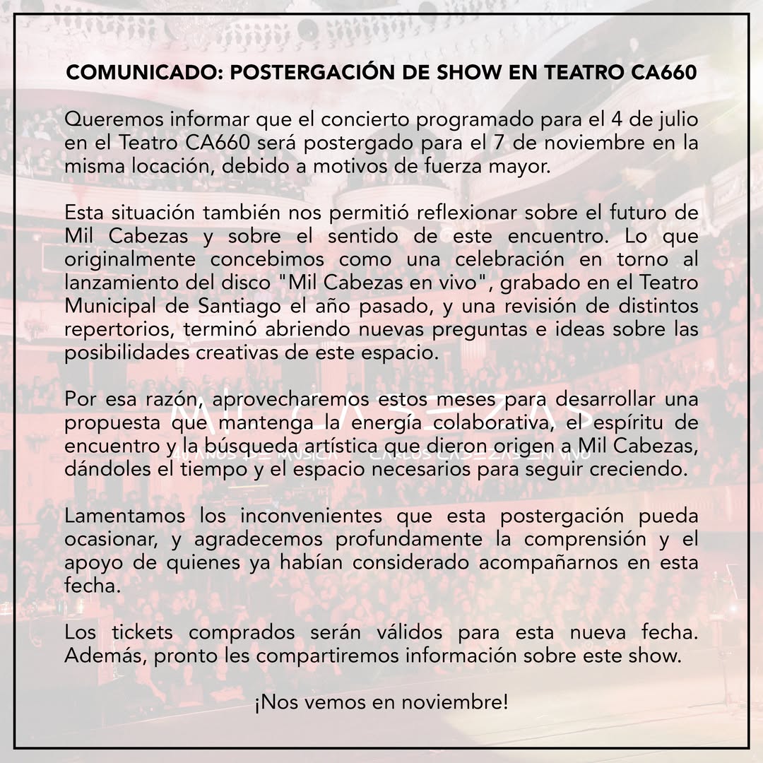 Carlos Cabezas posterga concierto en Teatro CA660